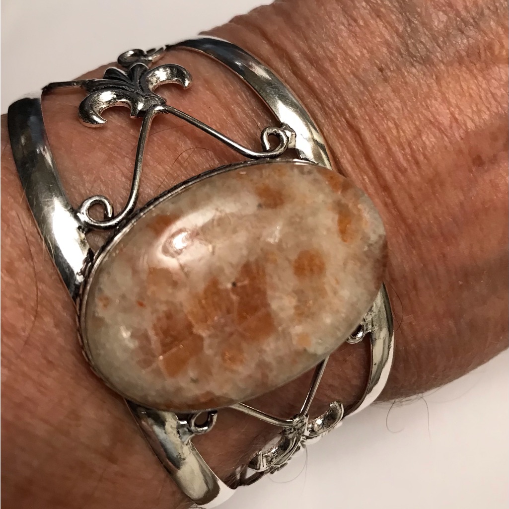Sunstone Stamped 925 Sterling Silver Cuff Bracelet